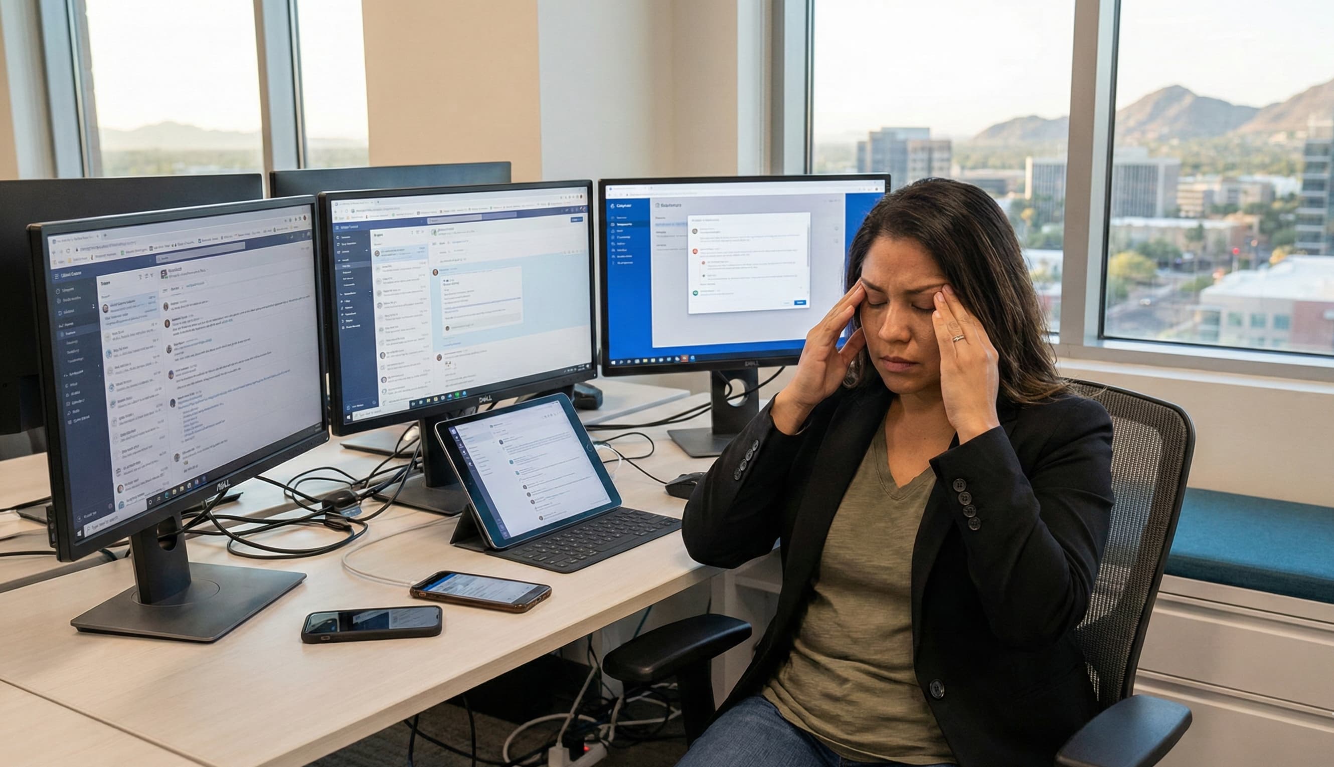 Persona reflexionando frente a una pantalla llena de información de IA